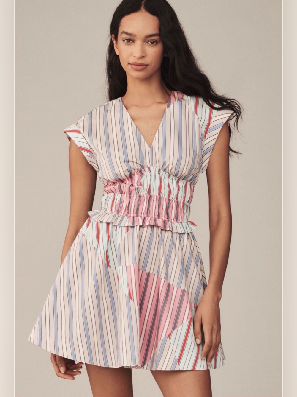 Anthropologie Pastel Multicolor Striped V-Neck Smocked Waist Dress